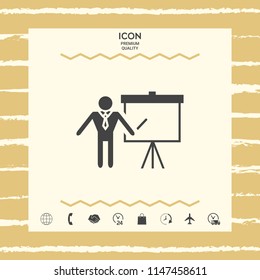 Presentation sign icon. Man standing with pointer near the flip chart. Blank empty billboard symbol