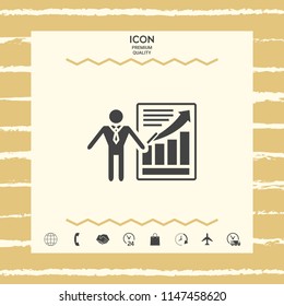 Presentation sign icon. Man standing with pointer near the infographic