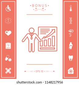 Presentation sign icon. Man standing with pointer near the infographic. Line icon.