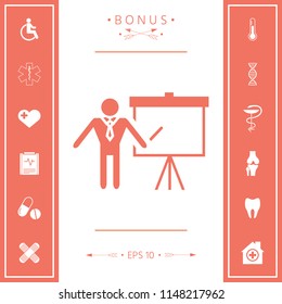 Presentation sign icon. Man standing with pointer near the flip chart. Blank empty billboard symbol
