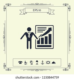 Presentation sign icon. Man standing with pointer near the infographic