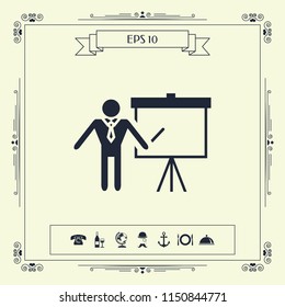 Presentation sign icon. Man standing with pointer near the flip chart. Blank empty billboard symbol