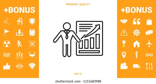 Presentation sign icon. Man standing with pointer near the infographic. Line icon.