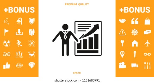 Presentation sign icon. Man standing with pointer near the infographic