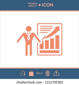 Presentation sign icon. Man standing with pointer near the infographic