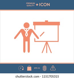 Presentation sign icon. Man standing with pointer near the flip chart. Blank empty billboard symbol