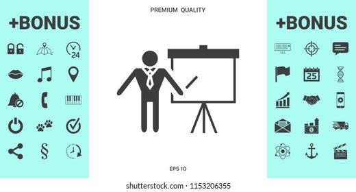 Presentation sign icon. Man standing with pointer near the flip chart. Blank empty billboard symbol