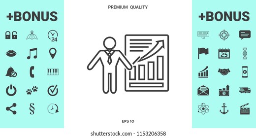 Presentation sign icon. Man standing with pointer near the infographic. Line icon.