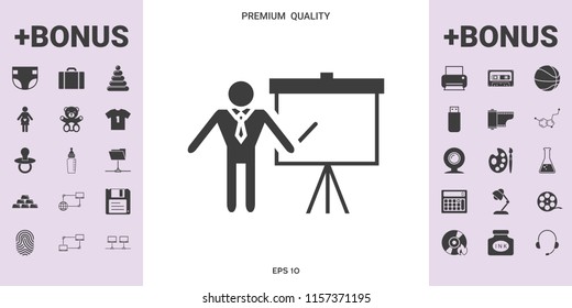 Presentation sign icon. Man standing with pointer near the flip chart. Blank empty billboard symbol