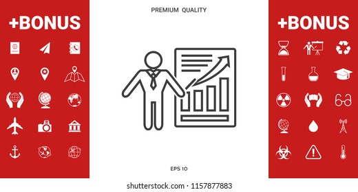 Presentation sign icon. Man standing with pointer near the infographic. Line icon.