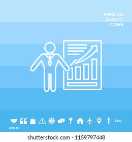 Presentation sign icon. Man standing with pointer near the infographic. Line icon.