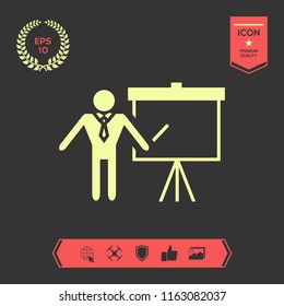 Presentation sign icon. Man standing with pointer near the flip chart. Blank empty billboard symbol