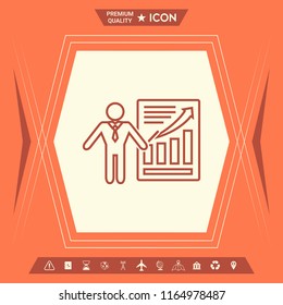 Presentation sign icon. Man standing with pointer near the infographic. Line icon.