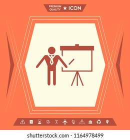 Presentation sign icon. Man standing with pointer near the flip chart. Blank empty billboard symbol