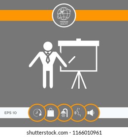 Presentation sign icon. Man standing with pointer near the flip chart. Blank empty billboard symbol