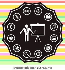 Presentation sign icon. Man standing with pointer near the flip chart. Blank empty billboard symbol