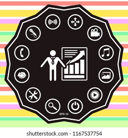 Presentation sign icon. Man standing with pointer near the infographic
