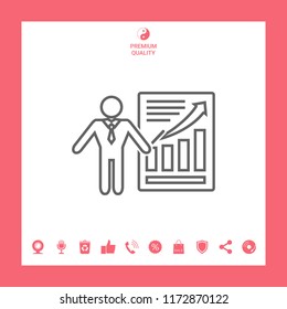Presentation sign icon. Man standing with pointer near the infographic. Line icon.