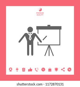 Presentation sign icon. Man standing with pointer near the flip chart. Blank empty billboard symbol