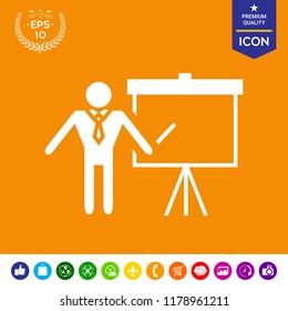Presentation sign icon. Man standing with pointer near the flip chart. Blank empty billboard symbol