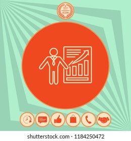 Presentation sign icon. Man standing with pointer near the infographic. Line icon.
