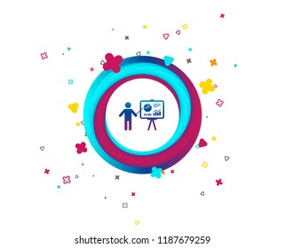 Presentation sign icon. Man standing with pointer. Scheme and Diagram symbol. Colorful button with icon. Geometric elements. Vector