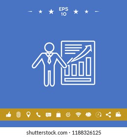 Presentation sign icon. Man standing with pointer near the infographic. Line icon.