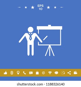 Presentation sign icon. Man standing with pointer near the flip chart. Blank empty billboard symbol