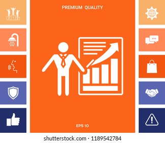 Presentation sign icon. Man standing with pointer near the infographic