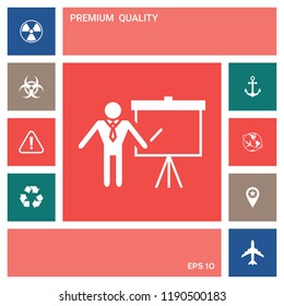 Presentation sign icon. Man standing with pointer near the flip chart. Blank empty billboard symbol