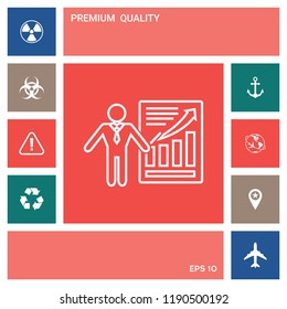Presentation sign icon. Man standing with pointer near the infographic. Line icon.