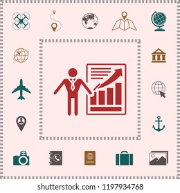 Presentation sign icon. Man standing with pointer near the infographic