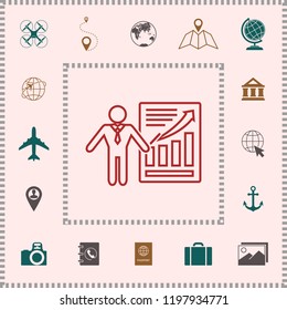 Presentation sign icon. Man standing with pointer near the infographic. Line icon.