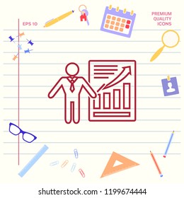 Presentation sign icon. Man standing with pointer near the infographic. Line icon.