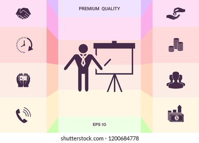 Presentation sign icon. Man standing with pointer near the flip chart. Blank empty billboard symbol
