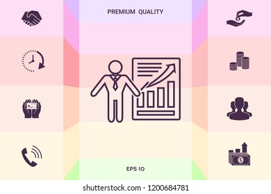 Presentation sign icon. Man standing with pointer near the infographic. Line icon.