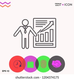 Presentation sign icon. Man standing with pointer near the infographic. Line icon.