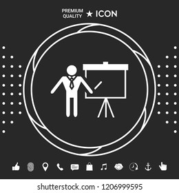 Presentation sign icon. Man standing with pointer near the flip chart. Blank empty billboard symbol