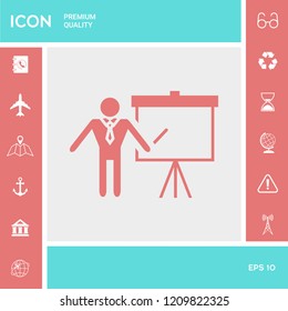 Presentation sign icon. Man standing with pointer near the flip chart. Blank empty billboard symbol