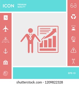 Presentation sign icon. Man standing with pointer near the infographic