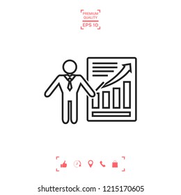 Presentation sign icon. Man standing with pointer near the infographic. Line icon.