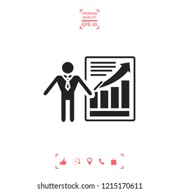 Presentation sign icon. Man standing with pointer near the infographic