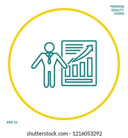 Presentation sign icon. Man standing with pointer near the infographic. Line icon.
