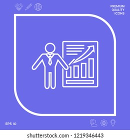 Presentation sign icon. Man standing with pointer near the infographic. Line icon.