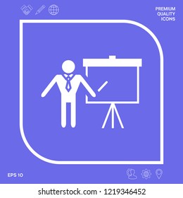 Presentation sign icon. Man standing with pointer near the flip chart. Blank empty billboard symbol