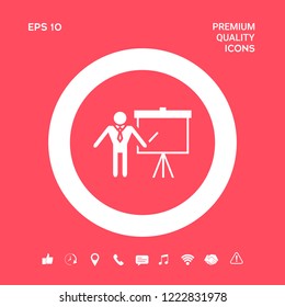 Presentation sign icon. Man standing with pointer near the flip chart. Blank empty billboard symbol