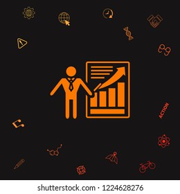 Presentation sign icon. Man standing with pointer near the infographic. Graphic elements for your design
