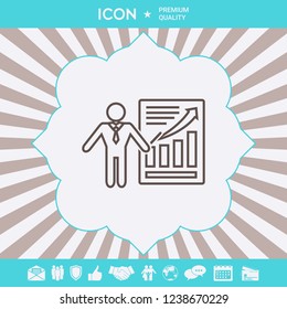 Presentation sign icon. Man standing with pointer near the infographic. Line icon.
