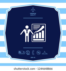 Presentation sign icon. Man standing with pointer near the infographic. Graphic elements for your design