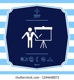 Presentation sign icon. Man standing with pointer near the flip chart. Blank empty billboard symbol